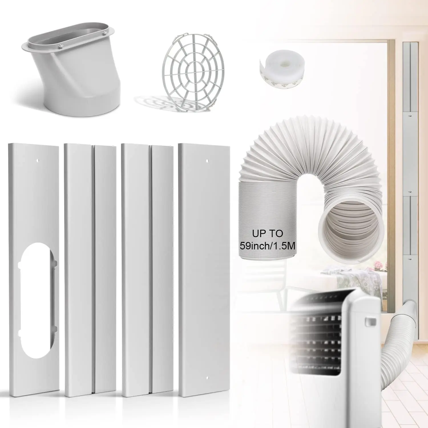 AC Window Kit with 5.9" Diameter 59" Length Hose, Sliding AC Vent Kit for Horizontal or Vertical Windows, Portable Air Conditioner Window Door Kit with Exhaust Hose, Adjustable Window Seal for AC Unit