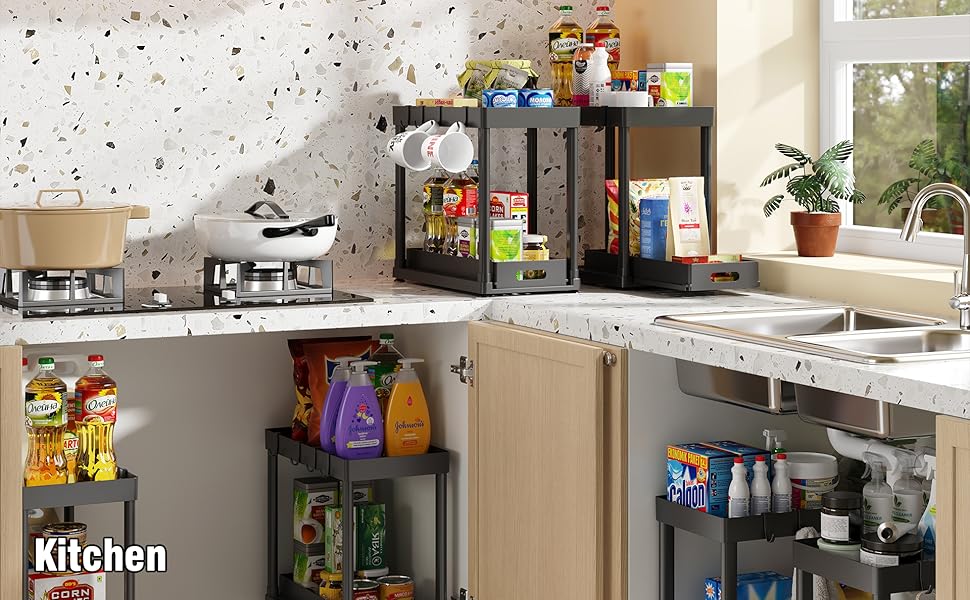 2 Pack Pull-Out Storage Organizers, Under Sink Organizer and Storage for Bathroom & Kitchen,Multi-Purpose Under Cabinet Organizers and storage Black