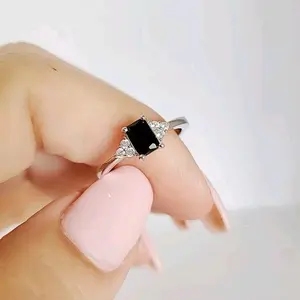 Sterling Silver Onyx Ring Cubic Zirconia Emerald Cut Designe