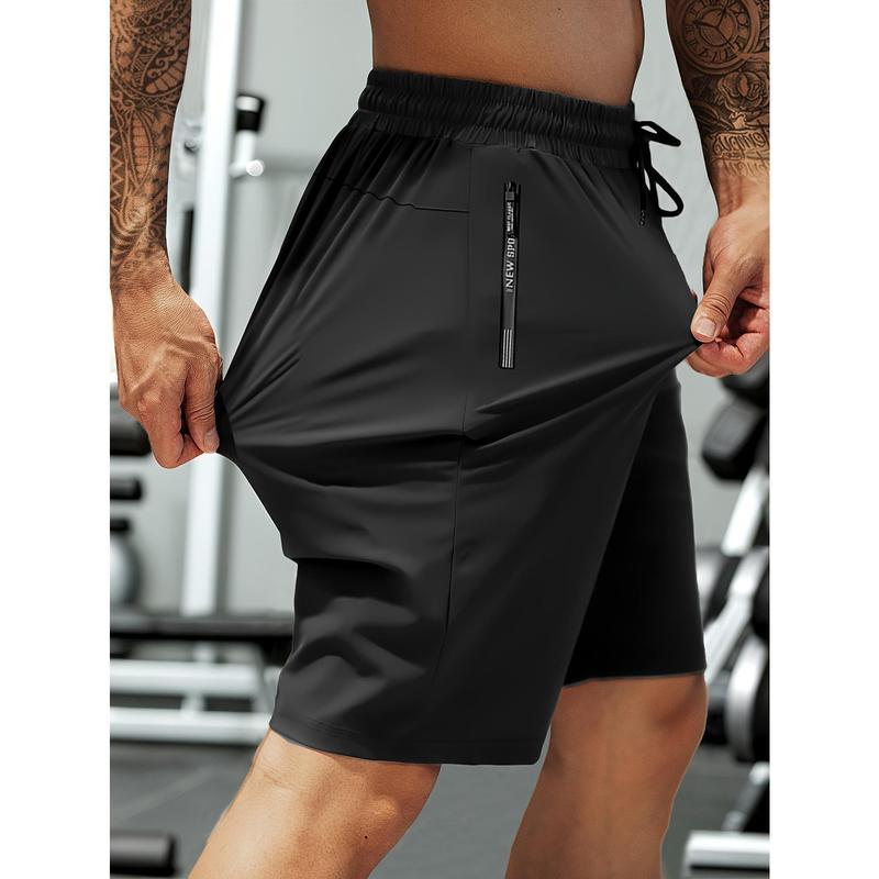 Men's Solid Colour Active Athletic Summer Shorts - 85% Polyamide, 15% Elastane Ice Silk Polyamide Blend, High Elastic, Lightweight, Fitted Cut, Drawstring Waist, Zipper Pockets, Above the Knee, Ideal for Fitness & Outdoors