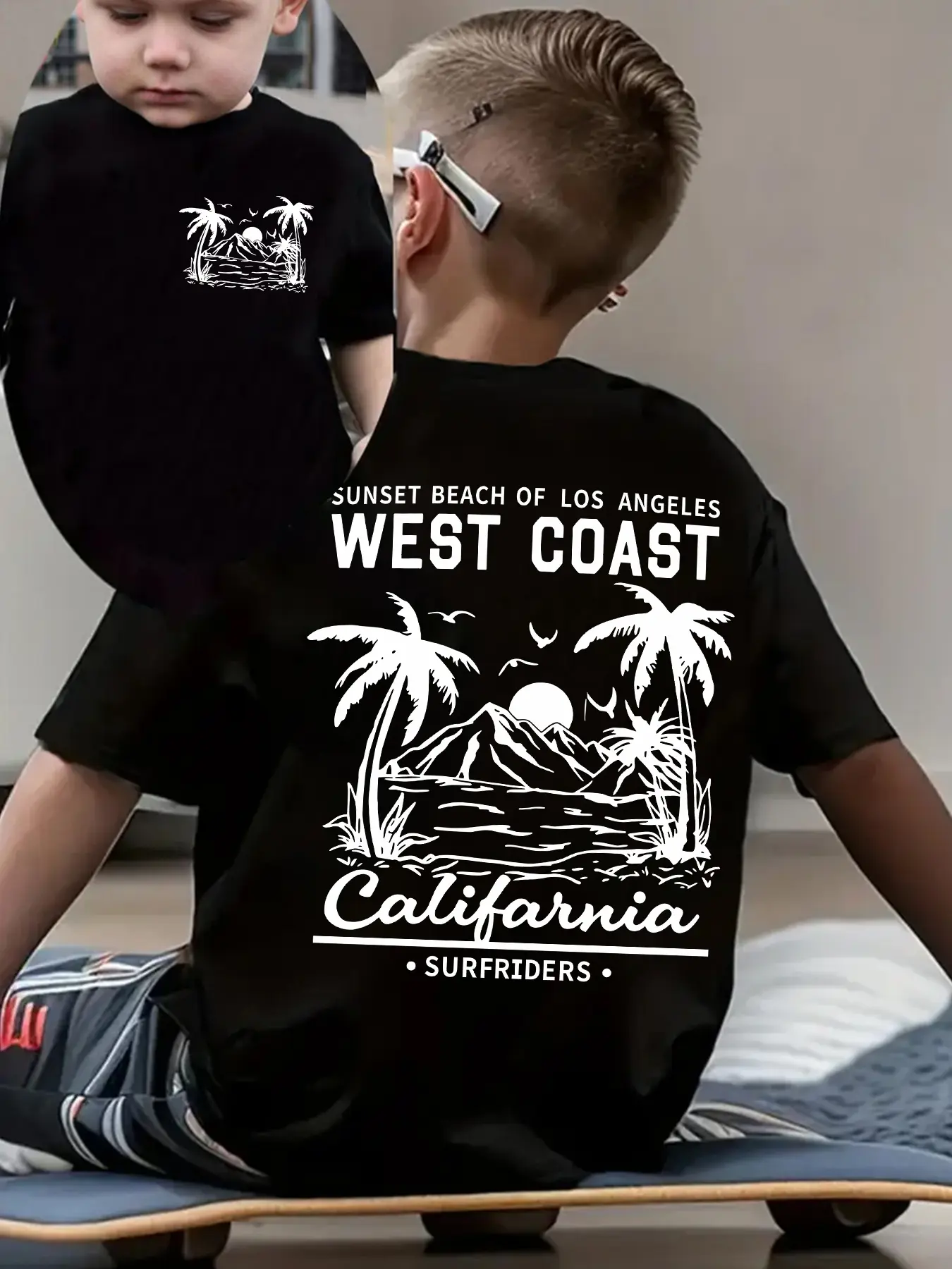 Boys' Black Short Sleeve T-Shirt, West Coast Beach Palm Tree Double Sided Surf Casual Cotton Kids Tee