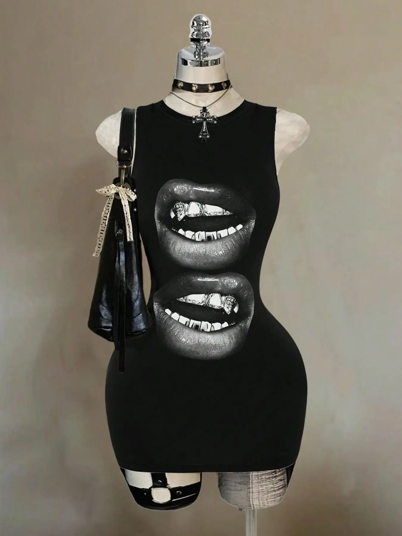 Casual Street Style Lip Print Sleeveless Bodycon Dress, Womenswear, Retro, College, Sexy, Cute Y2K, Coconut Girl, Boho, Hippie, Hipster, Music Festival Style