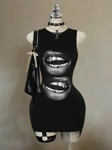 Casual Street Style Lip Print Sleeveless Bodycon Dress, Womenswear, Retro, College, Sexy, Cute Y2K, Coconut Girl, Boho, Hippie, Hipster, Music Festival Style