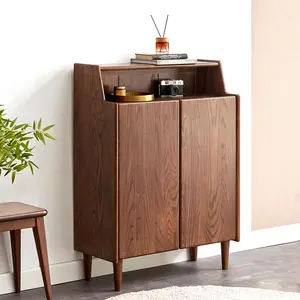 Wayshome Solid Wood Shoe Cabinet with Doors, Shoe Storage Cabinet with 4-Tier Adjustable Shelves, Mid Century Modern Shoe Rack Cabinet for Entryway, Hallway, Oak Wood, 13.8" x 31.5" x 43.3", Walnut