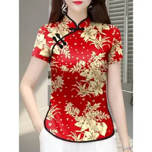 Retro Chinese-Style Floral Print Cheongsam Top - Red and Gold Frog Button Short Sleeve, High-Elastic Slim-Fit Women’s Traditional Shirt, Summer Fashion, Easy-Care Fabric