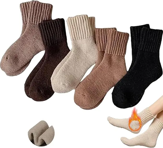 5 Pairs Women's Warm Crew Socks, Soft Thick Plush Mid-Calf Winter Socks in Neutral Colors, Stretchy Comfortable Boot Socks for Fall, Winter, Travel, Lounge and Daily Wear