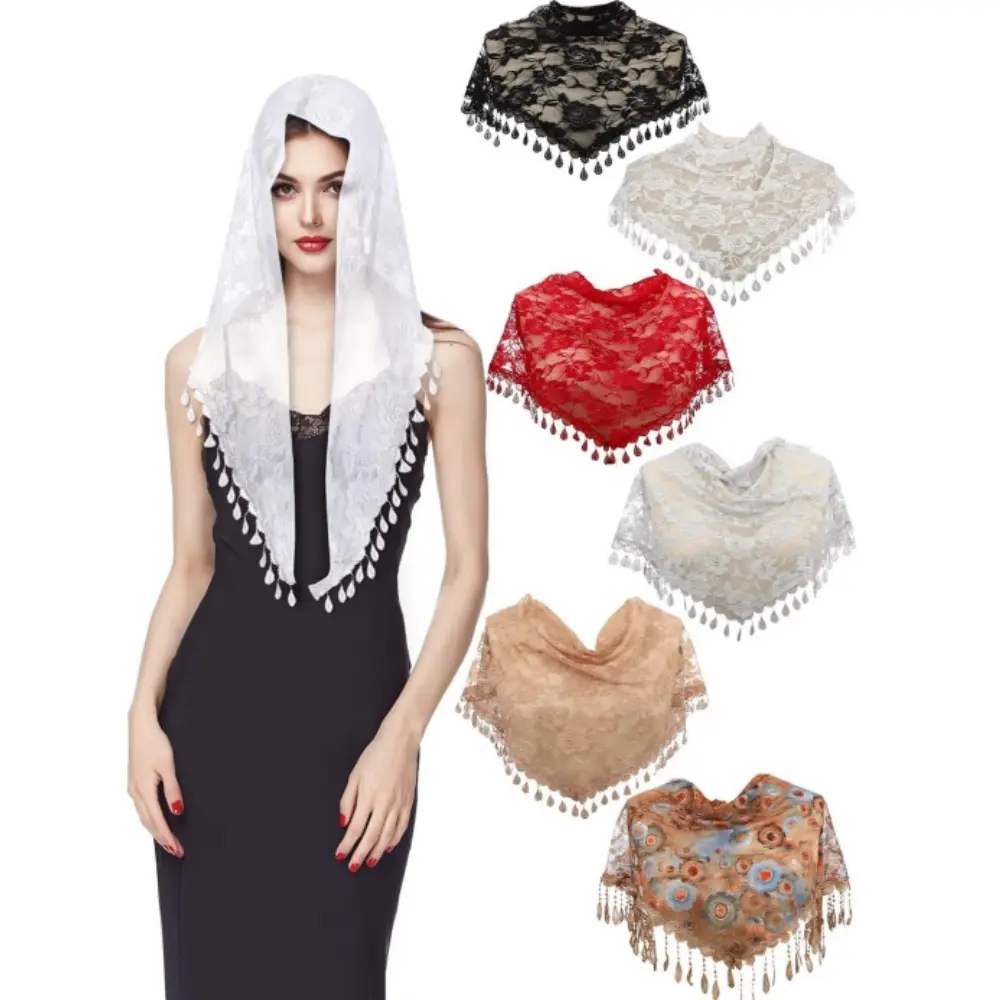 6 Pcs Mantilla Catholic Triangle Church Veil Mass Lace Women Wedding Shawl Floral Scarf Head Covering for Cathedral