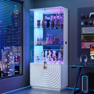Vlsrka 71'' Display Cabinet with Glass Doors,4-Tier Curio Cabinet with 3-Color Lights for Collectibles,Lockable Glass Display Case with Human Body Sensor,Tall Bookcase w/Shelves&Drawers