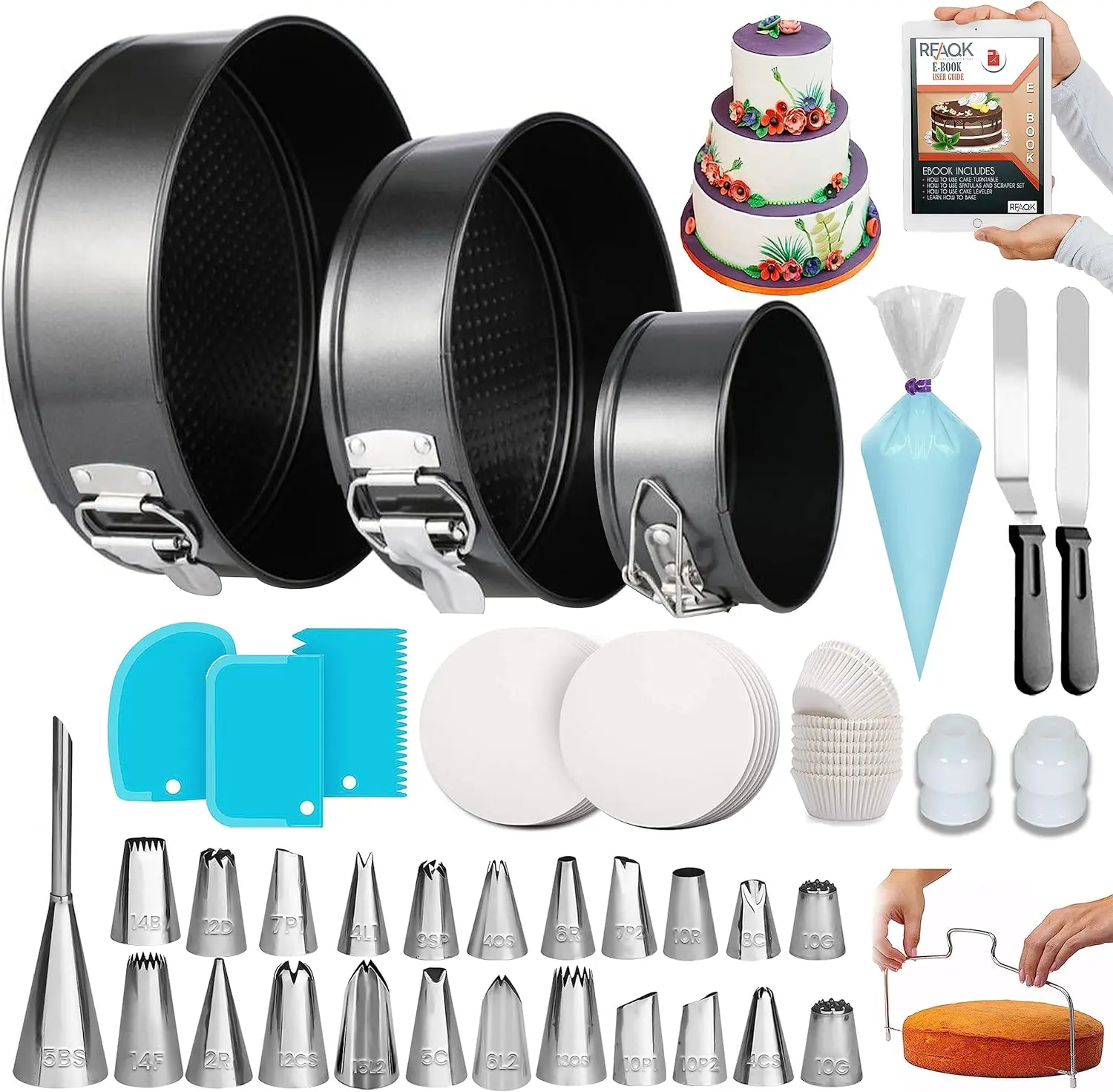 150PC Cake Pan Set with 3 non-stick springform pans 24 icing tips, cake leveler, spatula, and eBook—perfect for multi-functional baking Disposable Bakeware