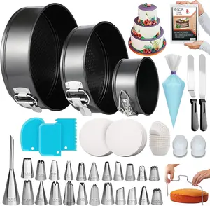 150PC Cake Pan Set with 3 non-stick springform pans 24 icing tips, cake leveler, spatula, and eBook—perfect for multi-functional baking Disposable Bakeware