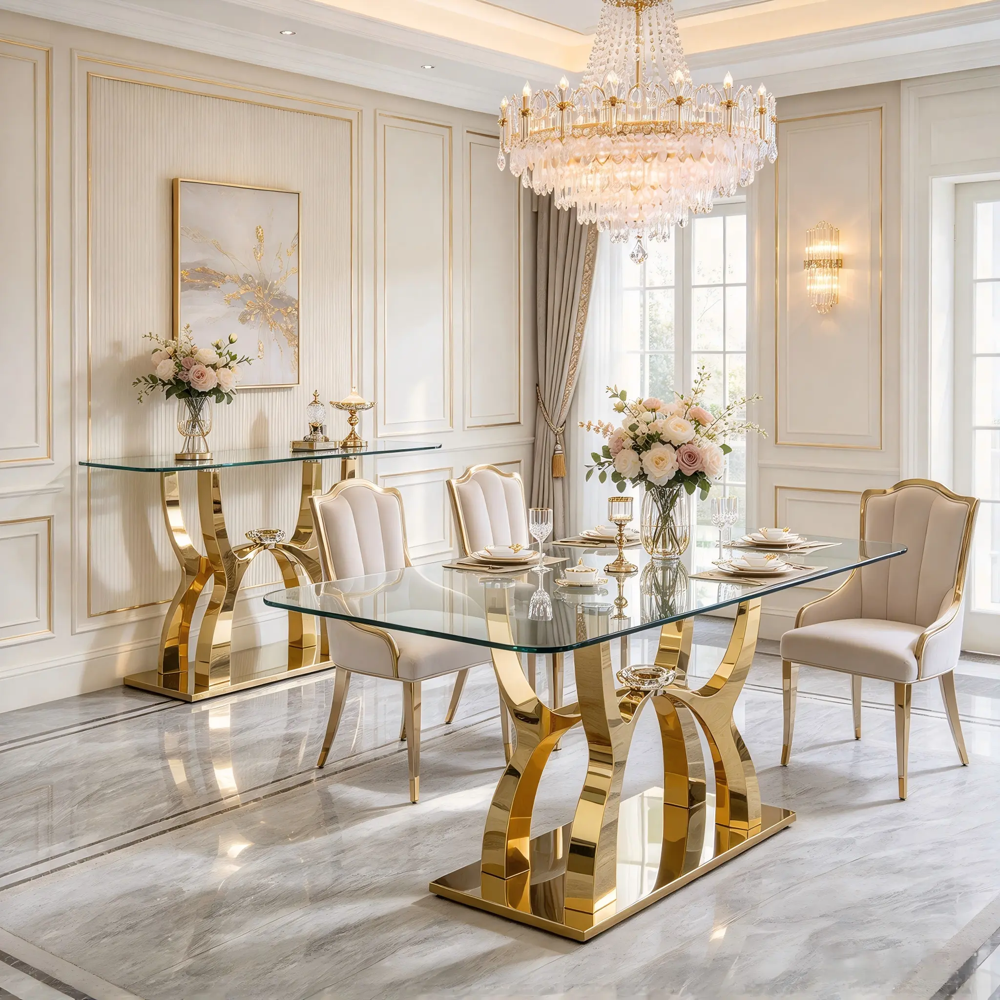 Modern Dining Table and Console Table Set, 69 Inch Rectangular Gold Tempered Glass Dining Table for 6, 59 Inch Narrow Entryway Console with Glass Top, Stainless Steel Pedestal Bases, Luxury Glam Kitchen, Dining Room, Living Room and Foyer