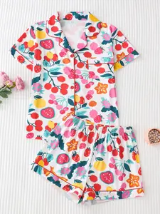 Women's 2-Piece Pajama Set, Cartoon Pattern, Fitted Style, Short Sleeve Top with Button Neck, Comfortable Loose Shorts, Sweet Fresh Sleepwear, Loungewear
