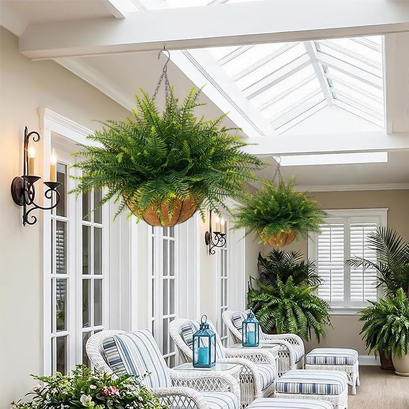 2 Set Artificial Hanging Fern Plants Outdoor Fake Hanging Ferns Planter, Includes Hanging Flower Basket And Artificial Fern, UV Resistant Faux Fern Plant Basket For Outdoors Patio Garden Home Decor