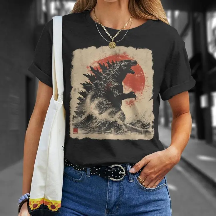 [FREESHIP] Retro Vintage Japanese Godzilla Great Wave T-Shirt, Godzilla and the Wave Youth Shirt, King of the Monsters Adult Youth Shirt, Y2K Streetwear T-Shirt, Unisex Crew Neck
