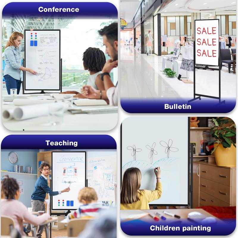 VOWNER Rolling Whiteboard, 40x24 inches Double-sided Magnetic Dry Erase Board on Wheels, with Aluminum Frame, Portable Presentation Board with Iron Stand for Office, Home, School, Black Classroom Supplies