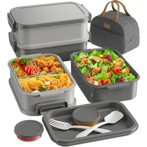 Adults Bento Lunch Box Set with Thermo Bag, 74oz Stackable Leak-proof 3-tiers Bento Box, Built-in Utensil and Sauce Container for Work, School, Dining Out (Gray)