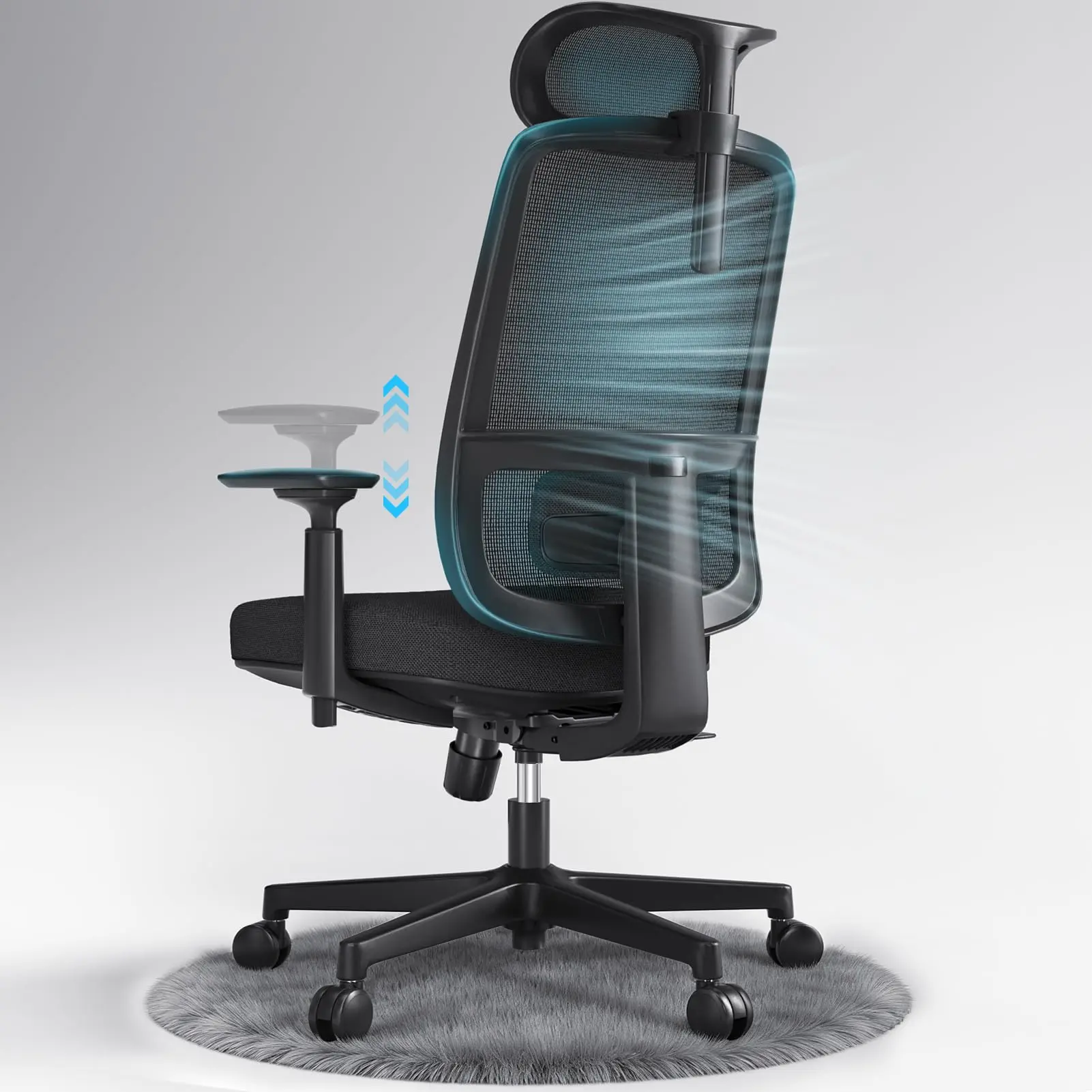 ErgoSift M1 Ergonomic Mesh Office Conference Chair - Black Mesh & PU, Plastic & Metal Parts, Adjustable Headrest, 3D Armrests, Lumbar Support, Seat Slide, 330 lb (300 – 349 Lb Range) Capacity, Good Posture, Durable, Assembly Required (Home/Office Use), Su