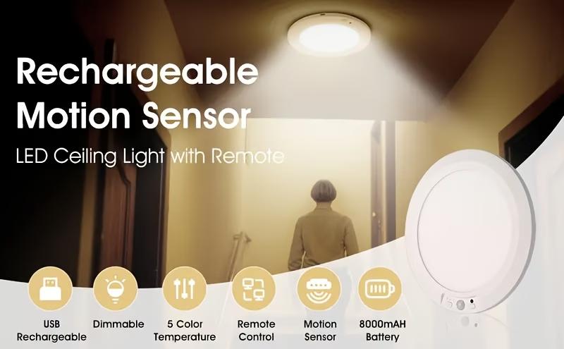 EISSLOLY Rechargeable LED Motion Sensor Ceiling Light, 3 Color Temperatures Dimmable, Wireless Magnetic Closet Light, Battery Operated Flush Mount Ceiling Lamp for Hallway, Stair, Garage, Bedroom, Closet, Emergency Light