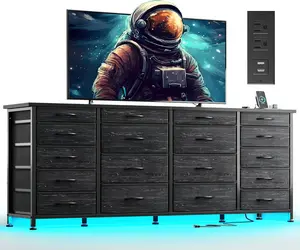 RaybeeFurniture Modern 63"W TV Stand for Bedroom with LED Light & Power Outlets, Long Black Dresser for Bedroom with 18 Deep Drawers for 65 70 75 inch TV, Large Fabric Dresser TV Stands for Living Room Entryway Hallway Closet