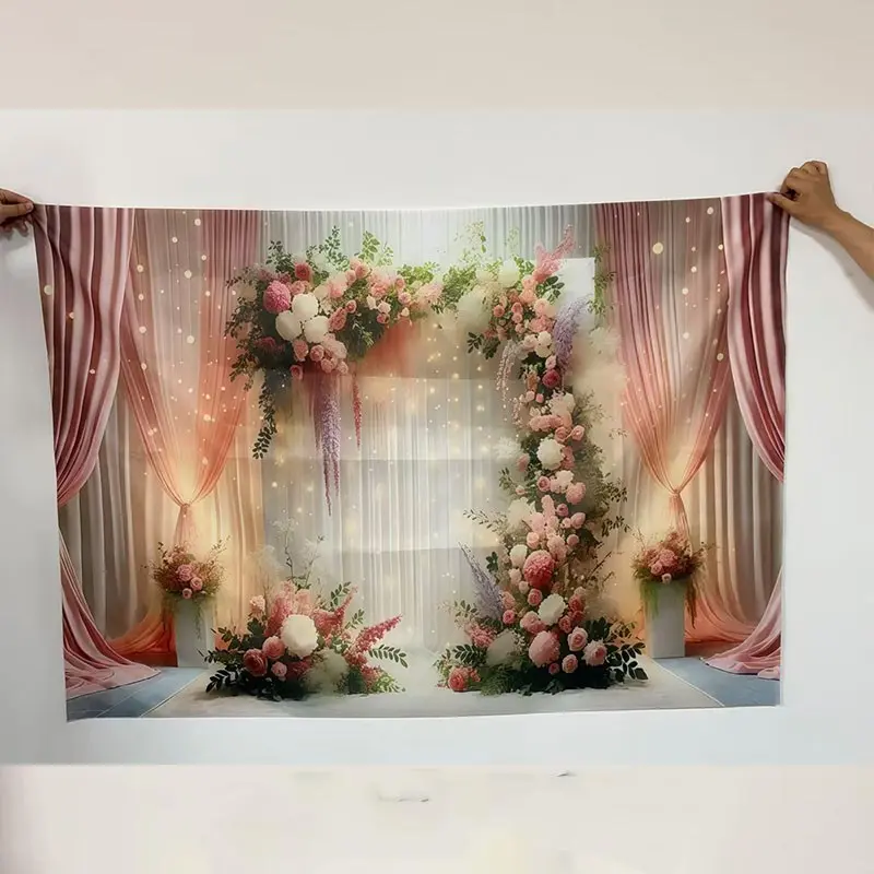 Romantic Flower Pattern Wedding Curtain Background Banner, Decorative Banner, Wedding Party Backdrop, 1 Count Exquisite Wedding Party Decoration, Wall Decoration, Indoor & Outdoor Decoration, Ornaments
