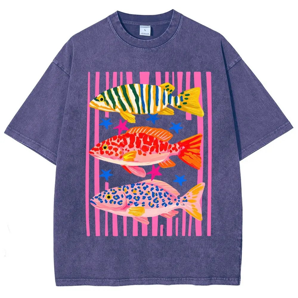 Vibrant Tropical Fish Trio Washed Graphic Vintage Washed Tee 90s Men's Graphic Tee t Shirts Funny Graphic Tee Good Graphic Tees Graphic Tees Streetwear Outfits Men Vacation Outfits Oversized Tshirt Men