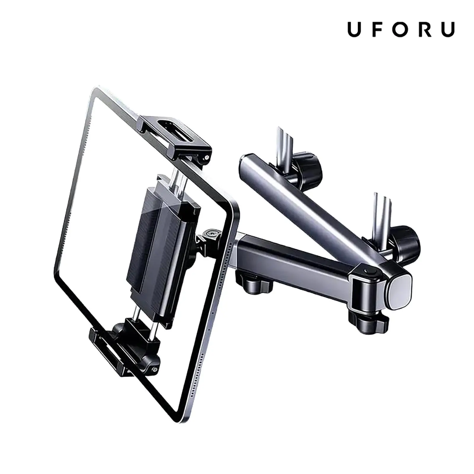UFORU 3-in-1 Alloy+ABS Car Headrest Tablet Phone Mount - Adjustable Arm, Clamp Installation, 360° Angle Dial, Rotation Support, Universal Back Seat Fit for 4.7-12.9" Devices (iPad, Galaxy, Fire HD), Road Travel Essential for Kids