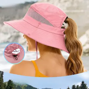 Bucket hat summer shading sun protection hat women ponytail hole outdoor hat sun hat breathable anti-ultraviolet mountaineering hat