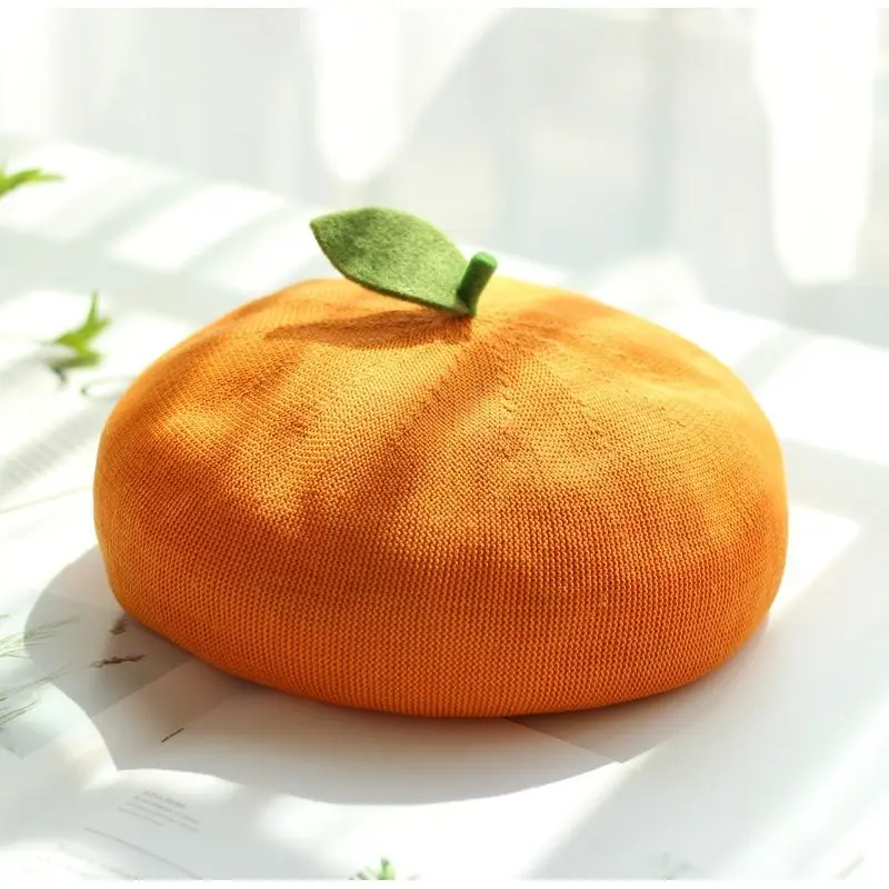 Cute Autumn Beret Cap For Women Funny Little Leaf Orange Female Painter's Hat Summer Breathable Solid DesignerBonnets Cap Gift Halloween Gift
