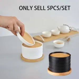 5pcs/set 3.9-inch bamboo coasters, Japanese-style table heat protection mats, cocktail black coasters, household heat insulation and heat protection mats, suitable for dining tables and bars