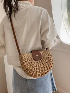 Hollow Out Straw Crossbody Bag, Essential Beach Vacation Basket, Versatile Single Shoulder Small Square Bag, Casual Crossbody Bag, Summer Fashion Accessory