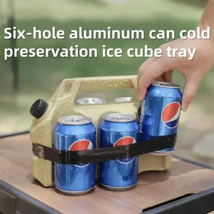 Outdoor cold preservation ice bucket [Khaki], six-hole aluminum can refrigeration and freezing ice cube tray, portable ice box for picnic preservation, large-capacity portable aluminum can and plastic bottle beverage preservation ice bucket for camping