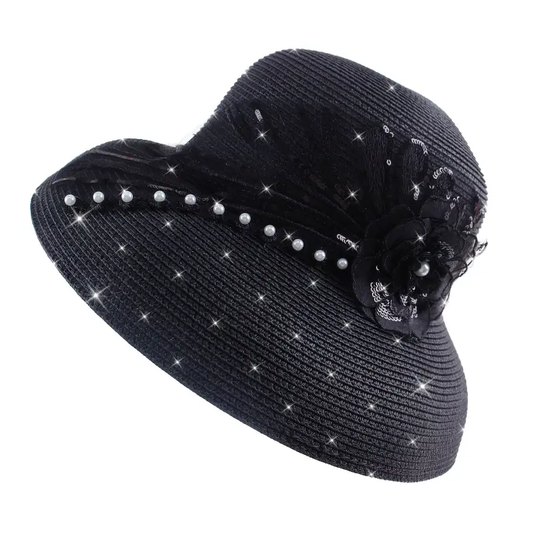 jewelry [Pearl & Lace Flower Straw Hat] Elegant Pearl & Lace Flower Straw Hat - Stretchable Wide Brim Sun Hat with Faux Feather Accent - Ideal for Beach Vacations, Derby Events & Church Outings