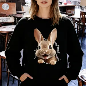 Women's Easter Bunny 3D Rabbit Graphic Long Sleeve T-Shirt - Playful Cracked Wall Design, Soft Round Neck Casual Top, Machine Washable Fall & Winter Sweatshirt