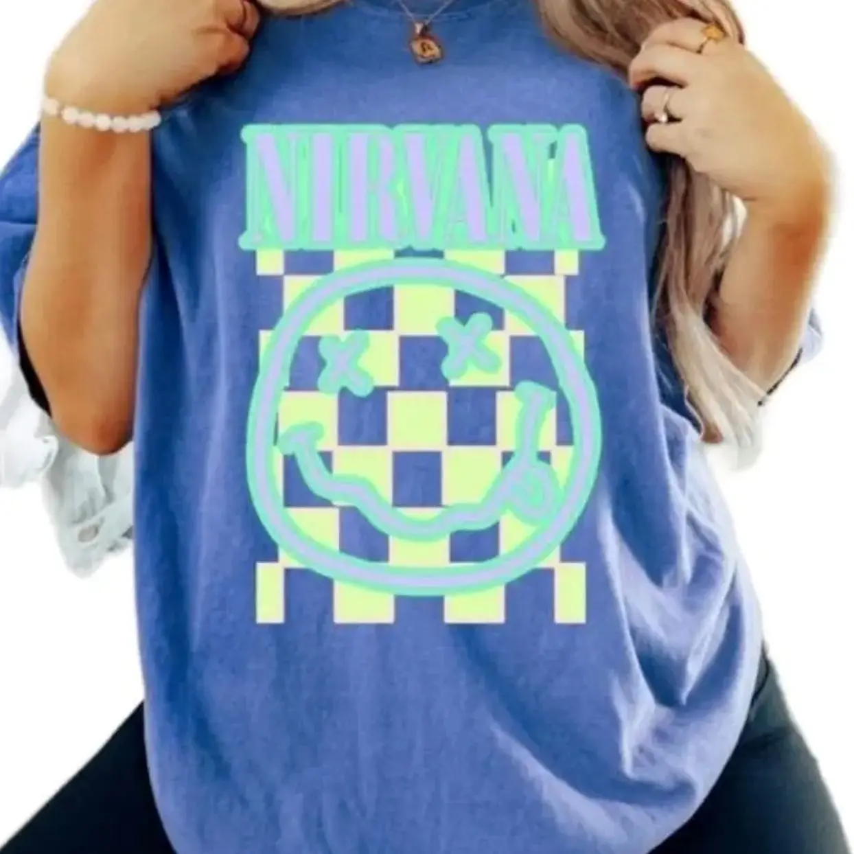 Blue Nirvana Smiley graphic tee Nirvana Preppy 90’s Utero Nirvana Tour Album Unisex Hot Pink Vintage Rock Band Oversized Merch Shirt Sweater Blue Smiley Graphic Tee Face Crewneck Sweatshirt Hoodie 6