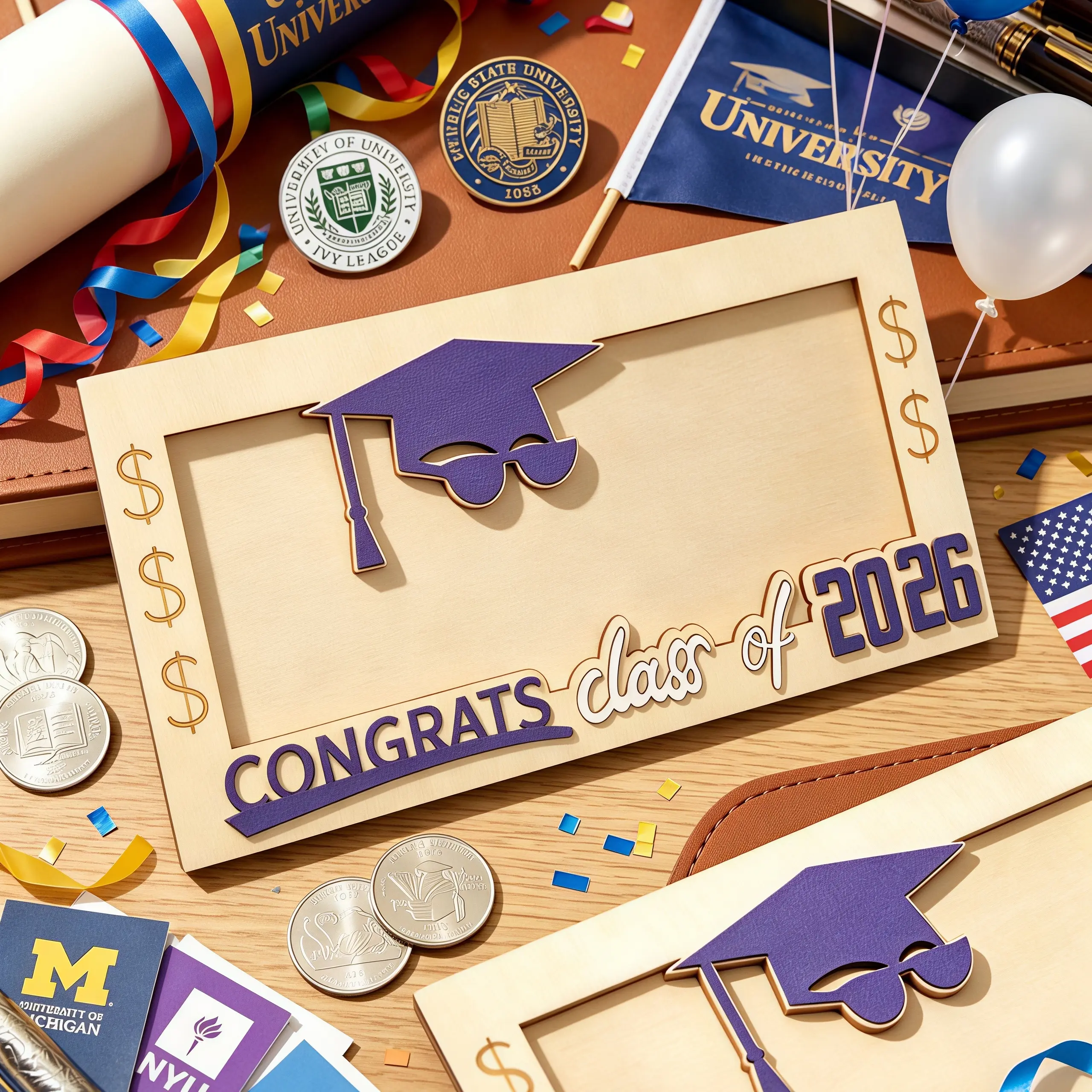 2026 Graduation Smooth Wood Photo Frame - Funny Cap, Dollar Sign Design, Vibrant Accents, Desk Decor, College Gift, DIY Woodwork Craft Toy, Picture Holder, Standard Fit for Grad Photos