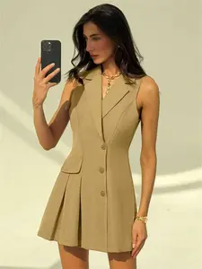 Elegant Summer Sleeveless Asymmetric Lapel Long Coat, Fashionable Commuter Chic Women's Blazer Gqs826, Stylish Office Wear Womenswear Elegance