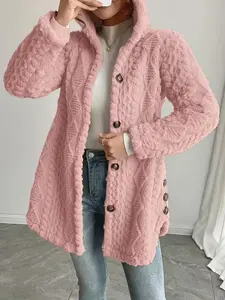 Women's Fall Winter Warm Fashion Jacquard Hooded Cardigan Long Sleeve Coat, Stylish Outerwear for Casual Daily Wear & School Activities