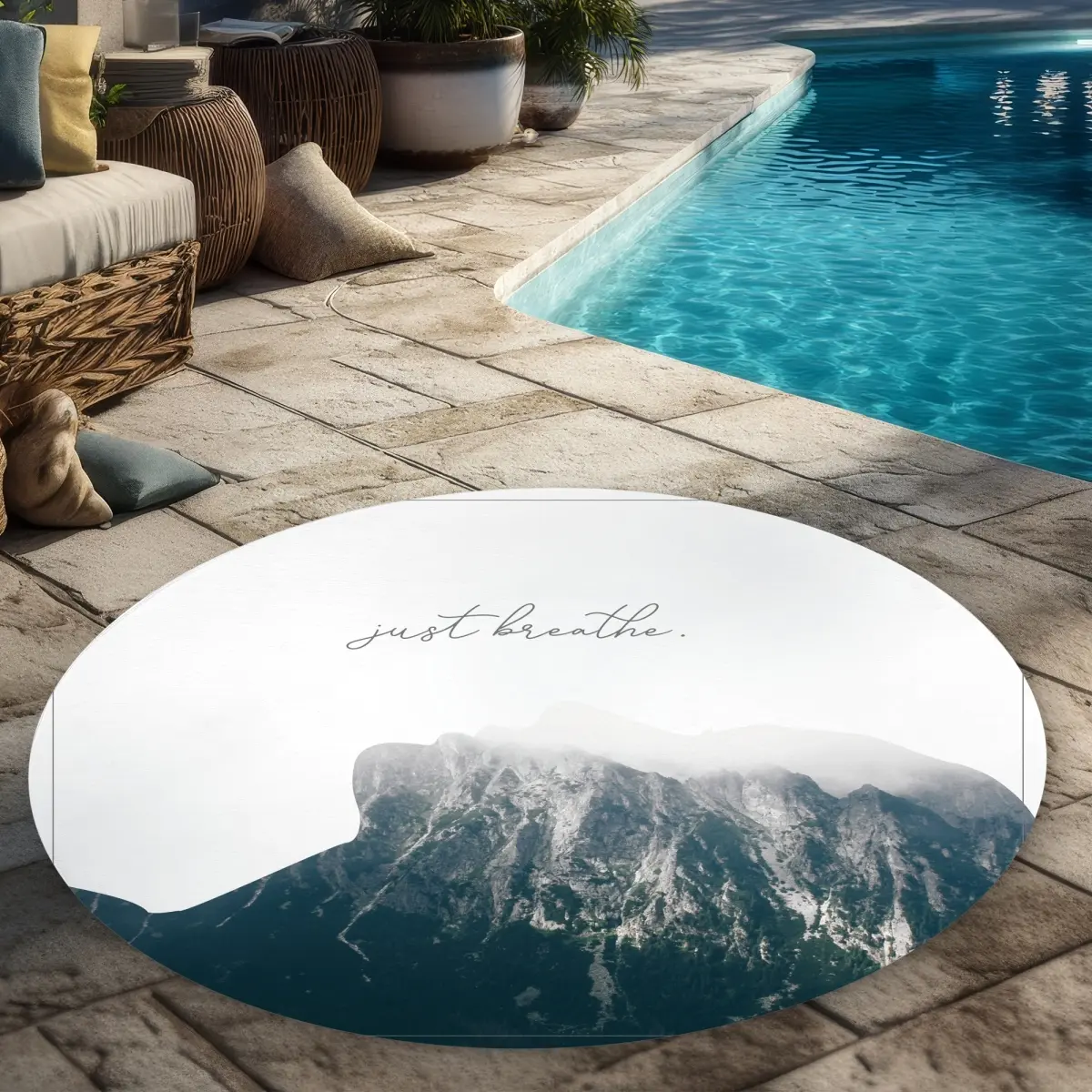 5' x 5' Round Chenille Outdoor Rug with 360 Stand - Nature-Inspired Scandinavian Mountain Print, Serene Mountain Motif, All-Weather Mat for Patios, Versatile Home & Garden Decor