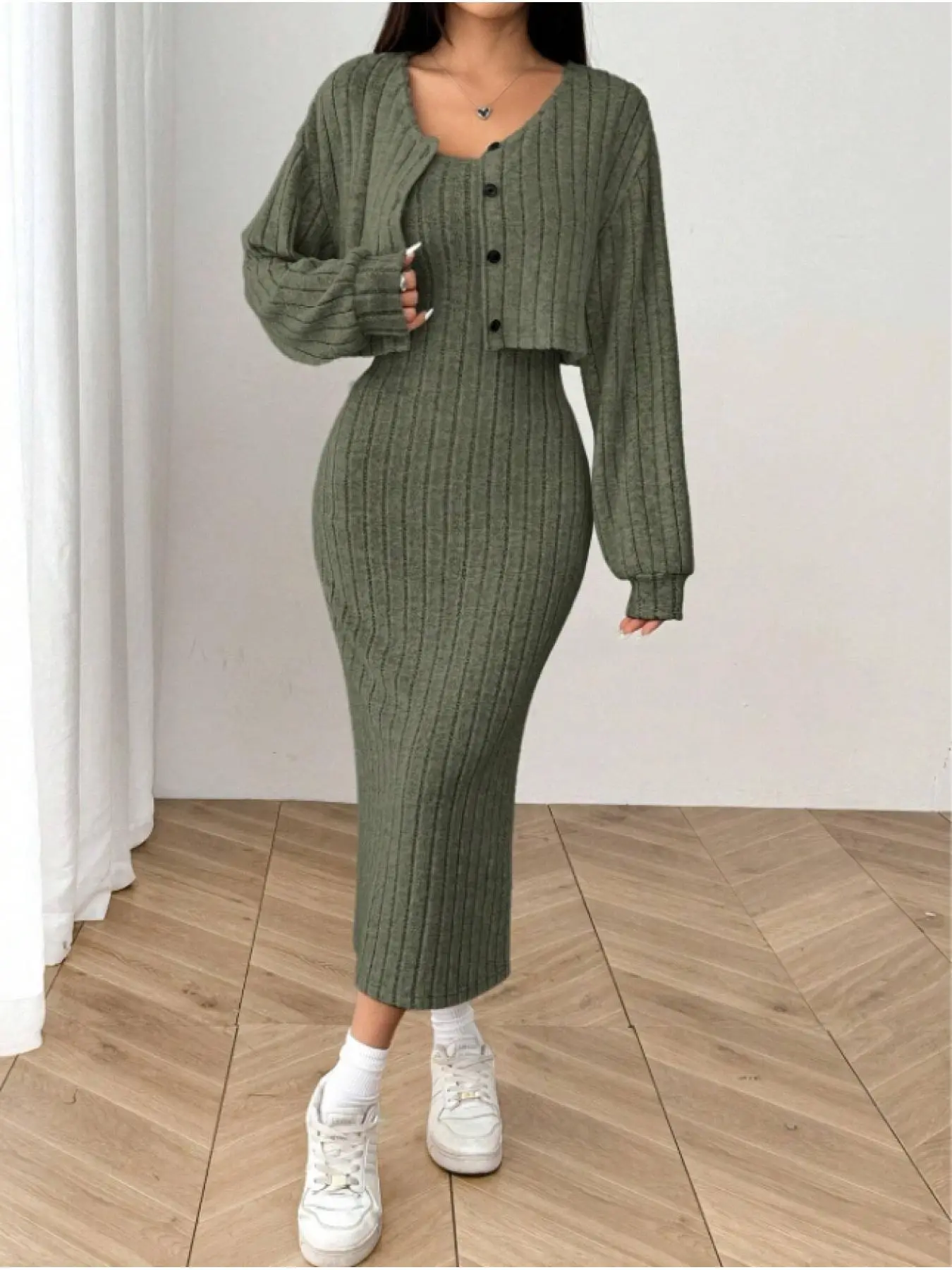 Women's Fall Winter Korean Casual Chic Two-Piece Set Outfit, Long Sleeve Cardigan & Strap Midi Dress Combo, Slim-Fitting Elegant Aesthetics Everyday Fashion for Daily Wear