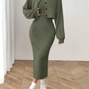 Women's autumn and winter Korean casual two-piece set, combining long sleeved cardigan wool sweater and camisole MIDI dress, slim and elegant, suitable for daily wear