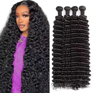 SDDRSRA Brazilian Deep Wave Bundles with Closure Human Hair Bundles with 4x4 Lace Closure Unprocessed Virgin Human Hair 1/3/4 Bundles with Closure