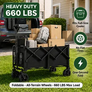 Heavy-Duty Foldable Beach Wagon Cart (660 lbs) – All-Terrain Camping & Pet Wagon with Steel Frame, 600D Oxford Fabric, Tool Holder, Durable Wheels & Reinforced Handle – No Assembly Required for Beach, Garden, Shopping & Sports – Black