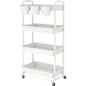 4-Tier Plastic Rolling Storage Cart Utility Cart with Extra Hanging Cups Handles Lockable Wheels for Living Room Bathroom Kitchen Office White