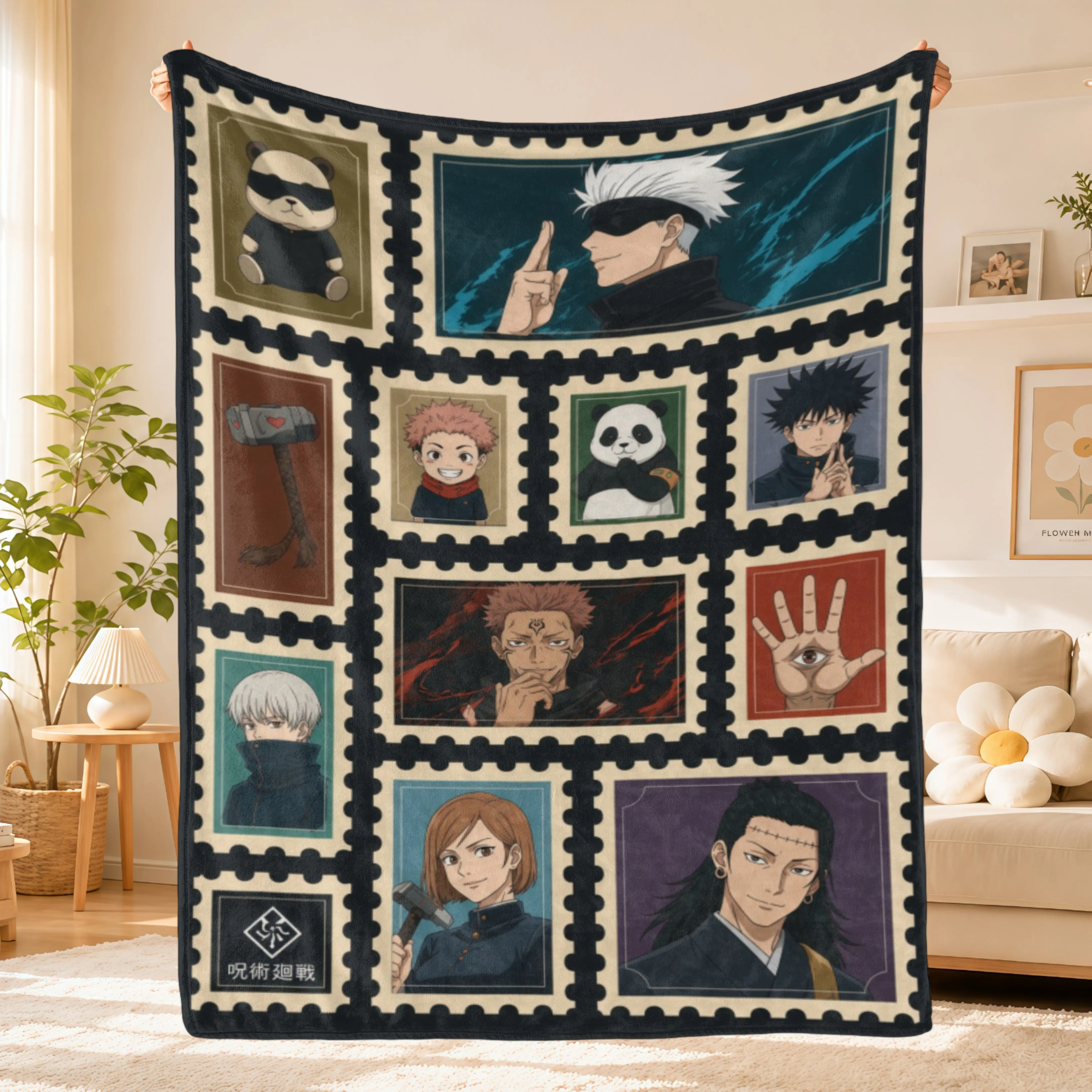 Cartoon Anime Jujutsu Kaisen Throw Blanket,Soft Flannel Blanket Featuring Yuji,Megumi,Nobara and Satoru Gojo,Cozy Blanket for Travel,Bedding,Bed,Sofa and Couch,Anime Room Decor Gift for Teens Boys Girls Fans