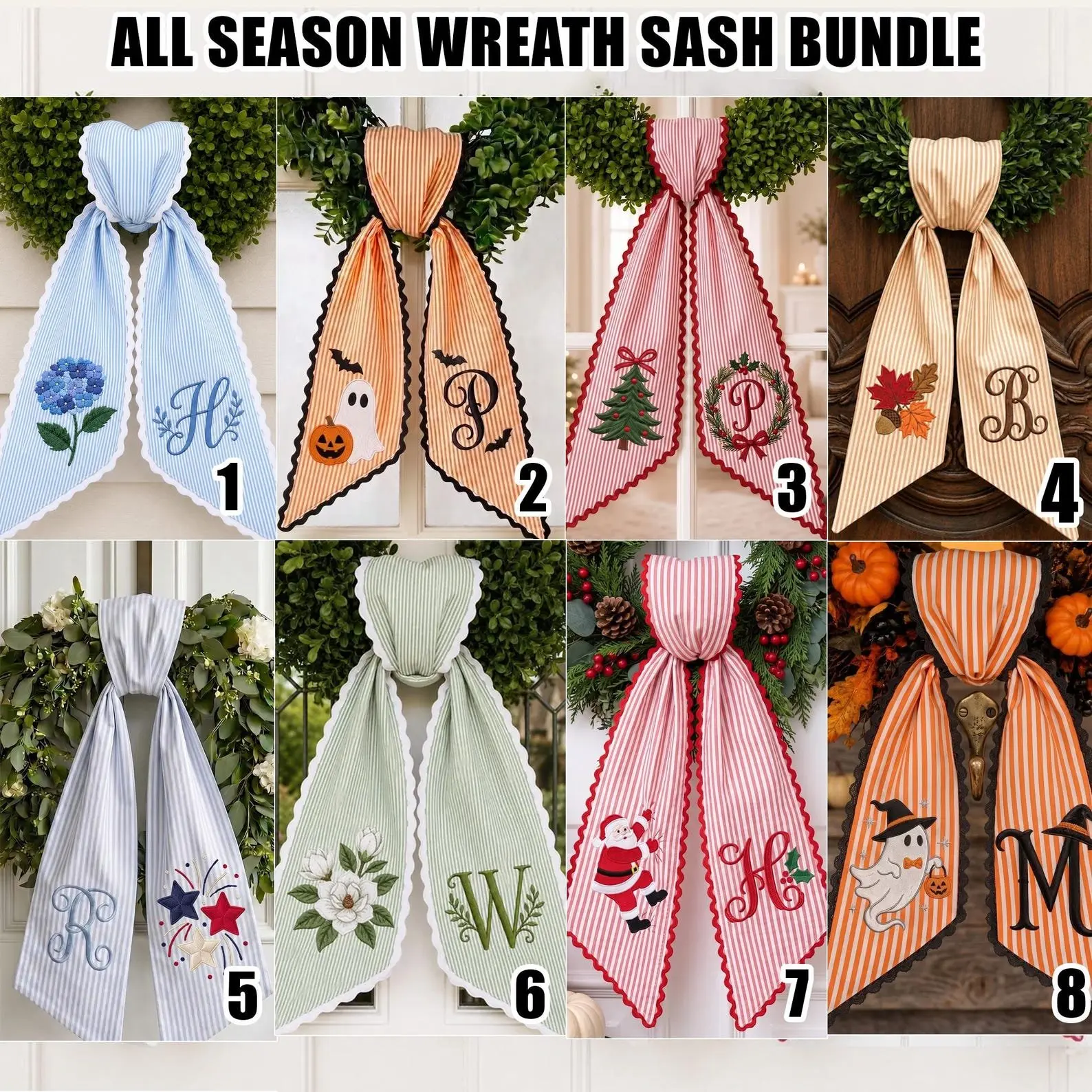 (Please send the personalization details to me via message) Custom All-season Monogram Bow Wreath Sash , Personalized Halloween Christmas Bow, Holiday & Everyday Door Decor