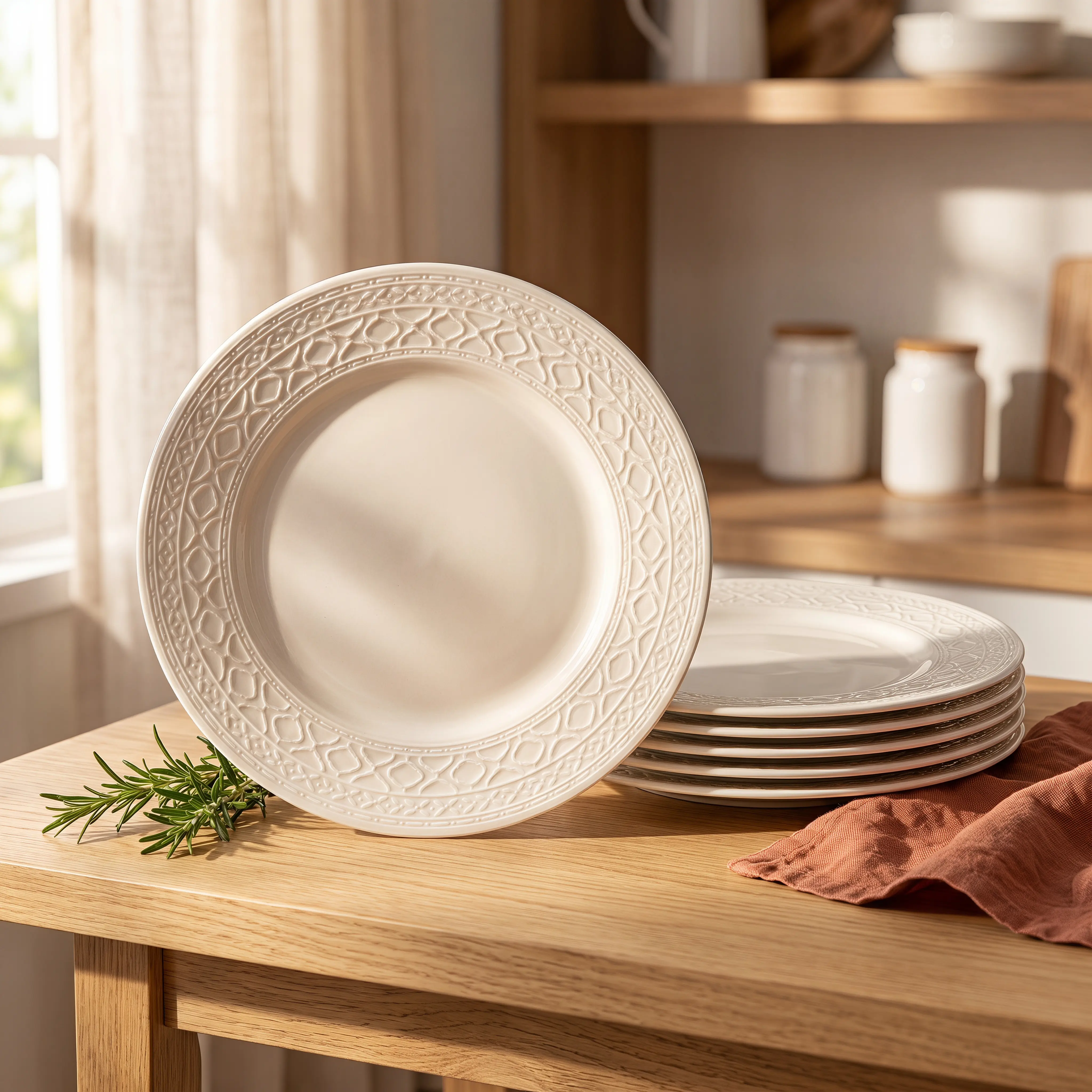 6Pcs 10Inch Embossed White Porcelain Steak Plates Set, Textured Ceramic Plates for Steak, Pasta, Salad, BBQ, Dessert, Home & Restaurant, Microwave, Dishwasher & Oven Safe, Stackable Dinnerware for Family Meals, Holiday Parties, Housewarming Gift