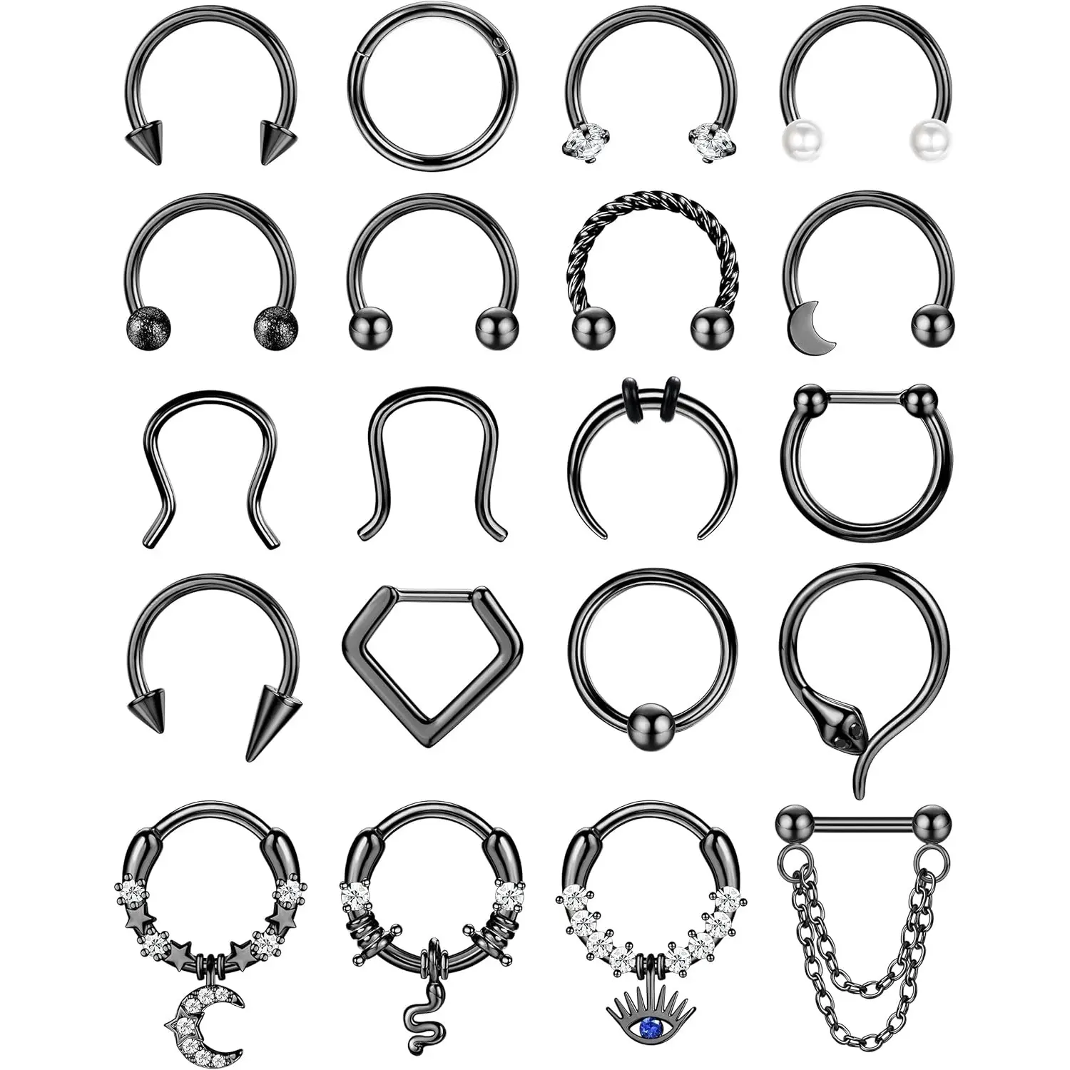 YADOCA 20PCS Septum Rings for Women, 16G Hypoallergenic Surgical Steel Minimalist Dainty Hoops & Dangle Clickers with Bling Effect for Daith, Helix, Tragus Cartilage, Secure Close, Female, Everyday