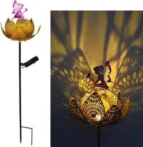 Solar Lotus Fairy Floor lamp, Garden Decoration Wrought Iron Retro Cute elf Floor lamp, Wireless Dusk to Dawn LED Light Waterproof.