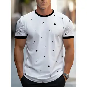 Men's Casual Crew Neck T-Shirt, 100% Polyester Knit Fabric, Regular Fit, Lightweight & Comfortable, White with Black Sailboat Print, Summer Sports Tee, Everyday Clothing |   Crew Neck Tee |   Smooth Fabric, Cruise T Shirts