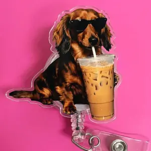 Funny Dachshund Drinking Iced Coffee Badge Reel, Meme Trash Panda Drinking, Medical ID Badge